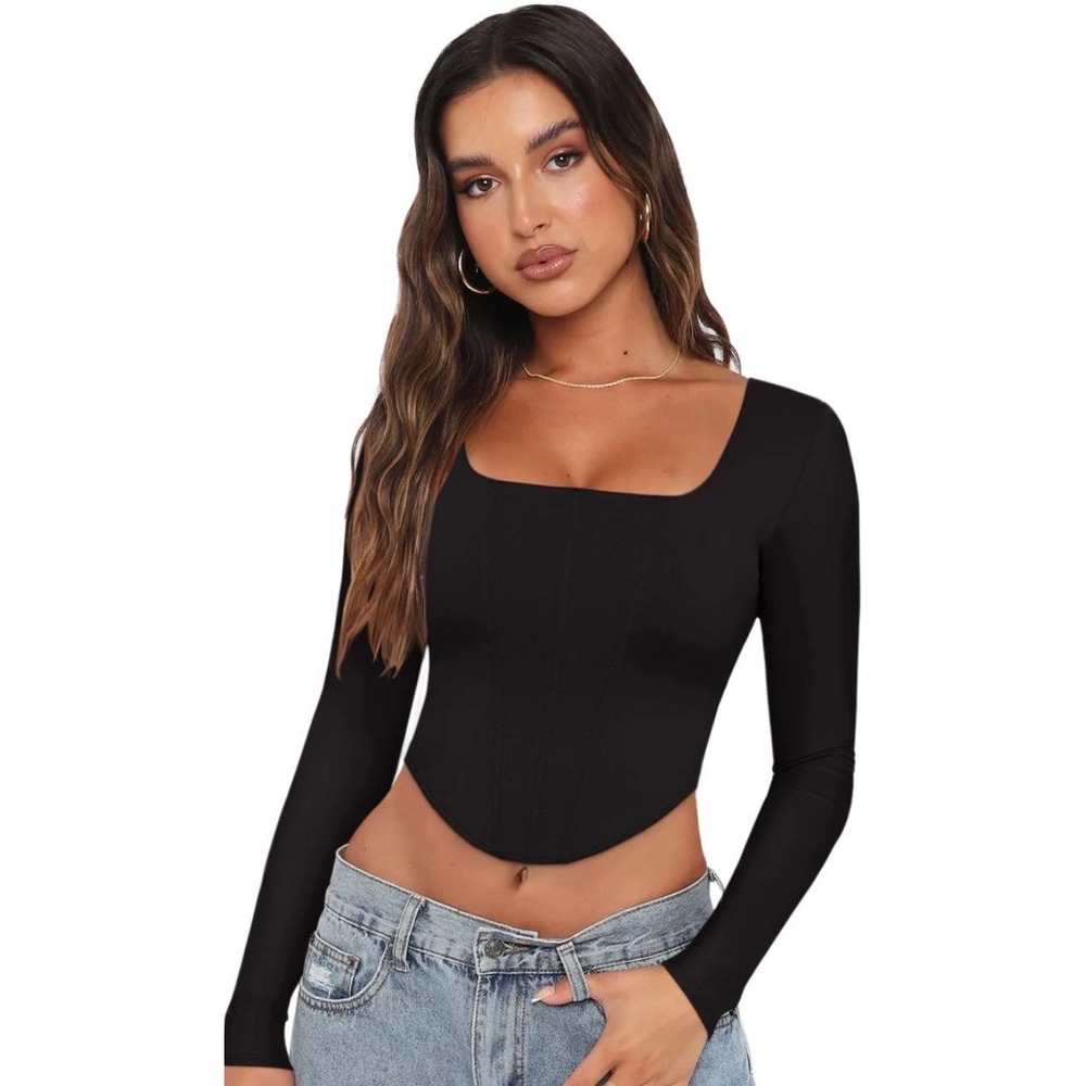 REORIA Black Long Sleeve Square Neck‎ Corset Crop Top Back Zip Small